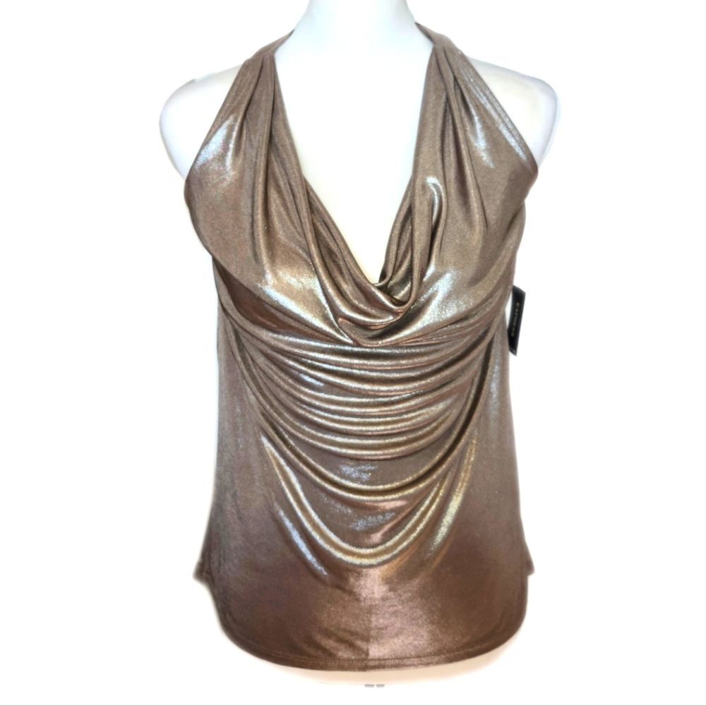 Express NWT Metallic Gold Taupe Halter W/ Neck Strap, Draped Front, S